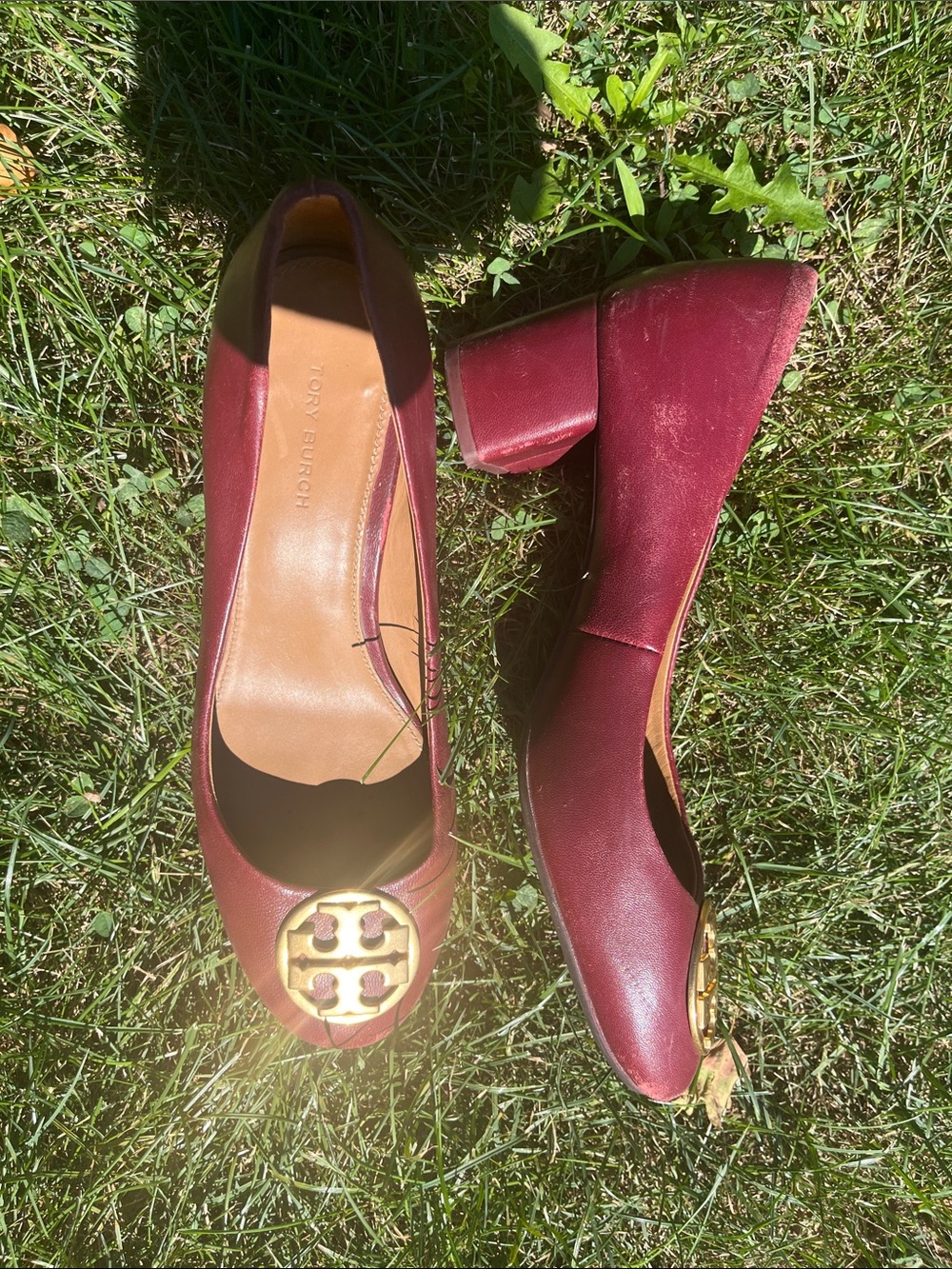 Tory Burch Wine Leather Mid Block Heel Pumps with Gold Logo 7